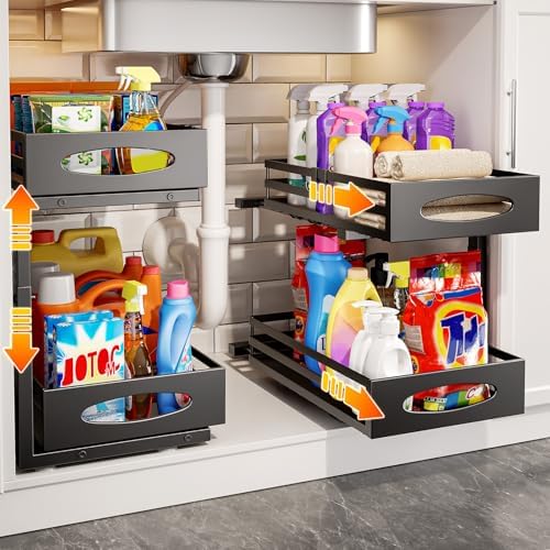 mixeshop Under Sink Organizer, 2 Tier Under Sink Organizers and Storage, Adjustable Height, Slide out Metal Cabinet Organizers, Pull out Cabinet Storage Drawer Shelf for Kitchen Bathroom (Black, 2) by MIXESHOP