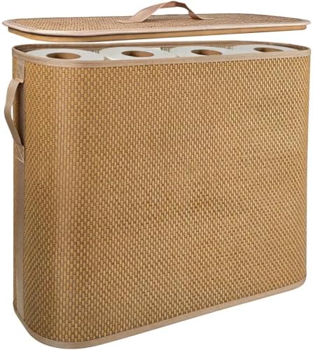 Bamboo Toilet Paper Storage Basket with Lid & Handle, 32L Large Capacity by Attoshow
