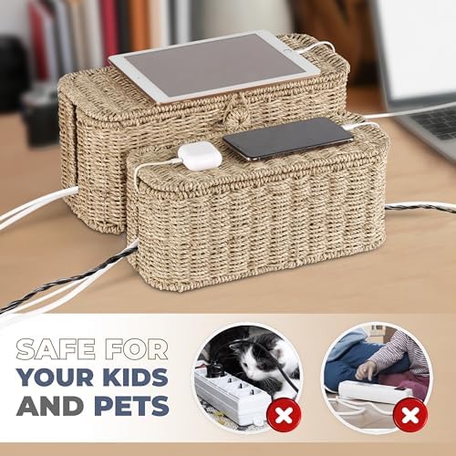 Bluewest 2-Pack Cable Management Box with Lids, Rattan Cord Organizer - Image 5