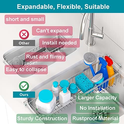 Over the Sink Caddy, Expandable Stainless Steel Sponge Holder for Kitchen Sink, 14.5-22 in Sink Organizer Rack for Sponge, Soap, Brush, Dish Cloth and Rag, Rust-Resistant Drying Holder - Image 5