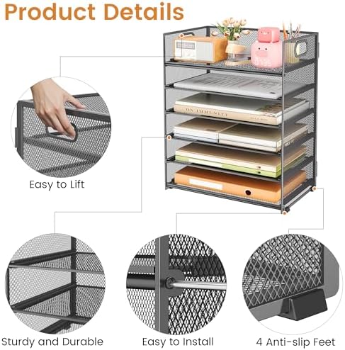 Subekyu 6-Tier Desk Paper Organizer, Desktop File Letter Tray with Handle, Document Sorter and Accessories Holder for Office, Home and School Workspace Organizers, Gray-2 Pack - Image 5