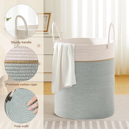 88L Large Tall Cotton Rope Laundry Basket with Handles, Sage Green - Image 3