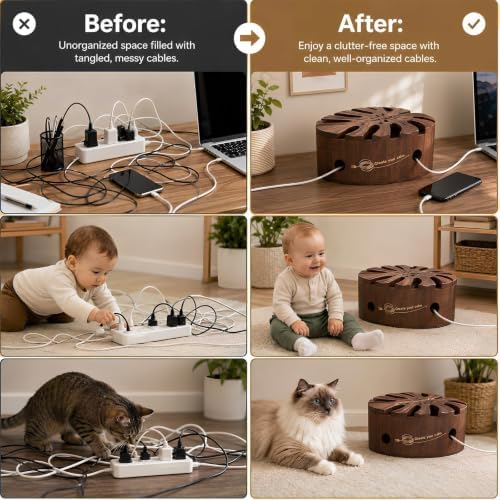 Acacia Wood Cable Management Box, Wooden Hider & Organizer for Power Strip - Image 4