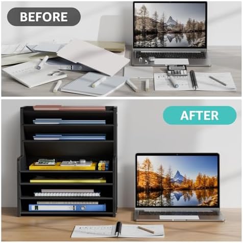 7 Tier Black Desk Organizer with File Holder, Wood Desktop Paper Organizer for Office Organization, Vertical Document Sorter and Letter Tray for Desk, School Storage Orgnizer Shlef - Image 3