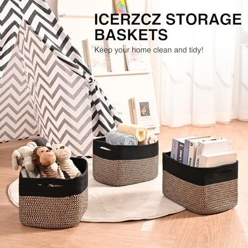 ICERZCZ Storage Baskets for Shelves Organizing, Woven Cotton Rope Baskets for Storage, Book Basket, Decorative Shelf Basket, 12.5"Lx9.1''Wx7.9''H (4 Packs) Black & Jute - Image 6