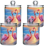 Fustylead 4 Pack Elegant Flamingos Standing on Beautiful Beach Plastic Apothecary Jar Set for Cotton Swab, Ball, Pad, Floss, Qtip Holder Dispensers for Bathroom Storage Organizer by Fustylead