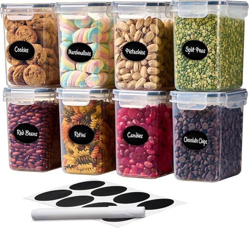 DWËLLZA KITCHEN Airtight Food Storage Container Set - 8 Pieces 1.4L - Plastic BPA Free Kitchen Pantry Storage Containers with Lids - Dishwasher Safe - Include 8 Labels - Keeps Food Fresh & Dry by DW%C3%8BLLZAKITCHEN
