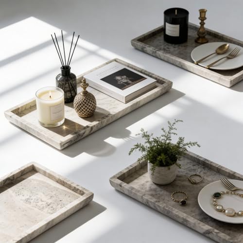 Natural Travertine Marble Vanity Bathroom Tray, 12 x 6 Inch Elegant Home Decor Tray for Kitchen,Bathroom,Dresser, Coffee Table,Sink Storage Holder Organizer, Gray Travertine (NS052) - Image 2