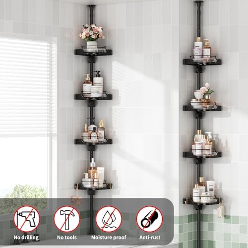 YCIA&DONE 360° Rotating Corner Shower Caddy Tension Pole, 4 Tiers Shower Organizer for Bathroom Shelf Bathtub, Adjustable Standing Shower Rack, Easily Assemble, 34-124 Inch Height, Black - Image 6
