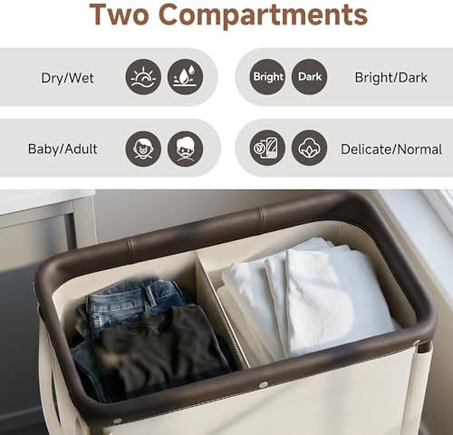 StorageWorks 2 Section Laundry Hamper, 100L Beige Sorter Cart with Wheels - Image 4