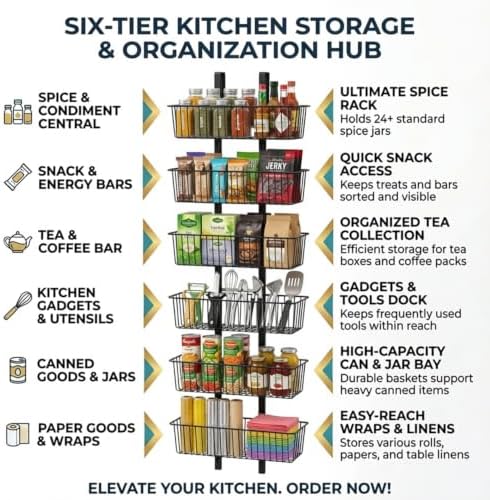 6-Tier Over The Door Organizer Metal Spice Rack Hanging Storage Pantry Organizer with Adjustable 6 Baskets, Space-Saving Behind Door Shelf for Kitchen, Bathroom, Laundry Room, Black - Image 3