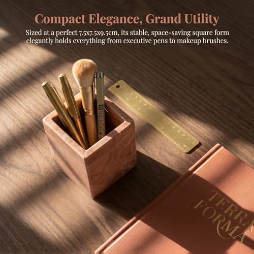 Natural Marble Pen Holder, 2.95” x 3.74” Square Makeup Brush Organizer, Toothbrush Holder, Multi-Purpose Marble Caddy for Desk, Bathroom Vanity, Small Flower Vase & Office Supplies (Rosa Verona) - Image 4