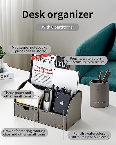 VLANDO 2 Pcs PU Leather Desk Caddy Set with Drawer,Pen Holder - Image 4