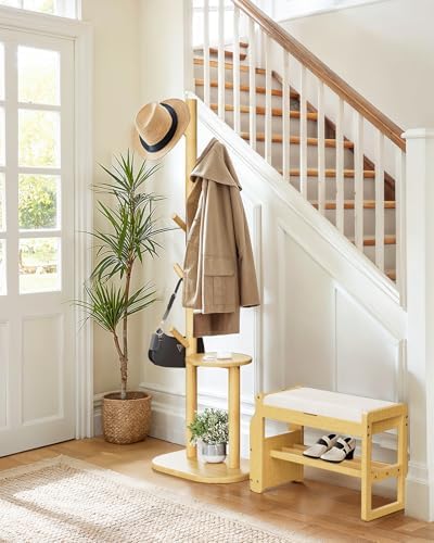 Pipishell Solid Wood Freestanding Coat Rack with 8 Hooks & Shelves, Natural - Image 2