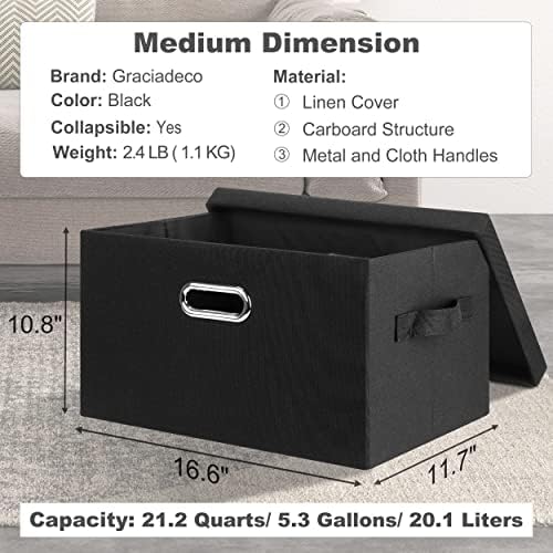 Graciadeco Medium 15" 21 Quart Collapsible Stackable Storage Bins with Lids, 5 Packs Black Foldable Fabric Closet Storage Boxes with Lids, Lidded Heavy-duty Linen Baskets(15x11x8) - Image 2