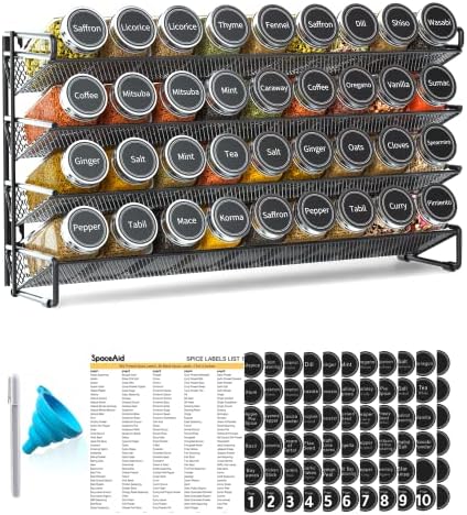 SpaceAid Spice Rack Organizer with 36 Spice Jars, 386 Spice Labels, Chalk Marker and Funnel Set for Cabinet, Countertop, Pantry, Cupboard or Door & Wall Mount - 36 Jars, 17.2" W × 10.8" H, Black by SpaceAid