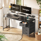 Huuger 55 Inch Computer Desk with Power Outlets and LED Lights, Gaming Desk with 4 Drawers, Office Desk with Monitor Stand, Study Work Home Office, Black - Image 2
