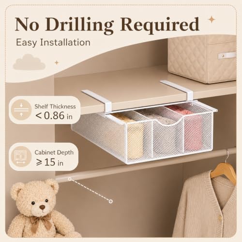 Underwear Organizer for Closet, Under Shelf Pull Out Mesh Basket with Dividers, Single Layer Hanging Drawer Organizer for Socks, Bras, Lingerie and Small Clothes (Single-story) - Image 2