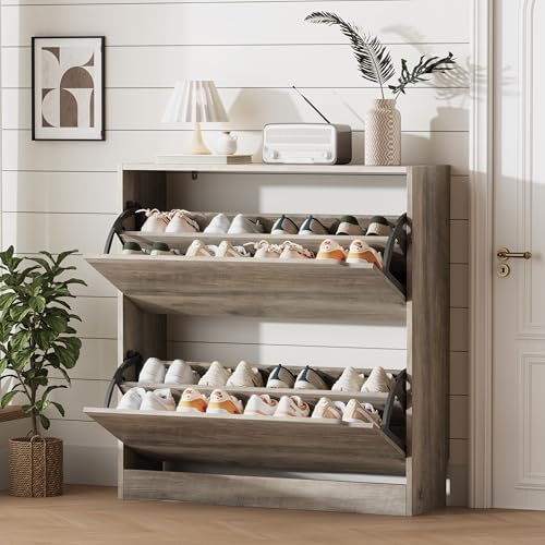 Xixini Shoe Storage Cabinet for Entryway with 2 Flip Drawers, Sturdy Wood Hidden Shoe Storage, Freestanding Narrow Slim Shoe Organizer for Front Door Entrance, Living Room, Hallway, Bedroom, Grey by Xixini