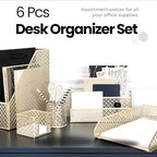 BLU MONACO | Gold Desk Organizer Set with Mail Sorter, Sticky Note Holder, Pen Cup, Magazine Holder, Letter Tray & Business Card Holder | Stylish Desk Accessories for Women & Home Office Décor - Image 3