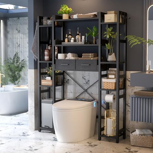 Besiost Over The Toilet Storage, 11 Tier Bathroom Organizer with Dual Side Racks and 2 Fabric Drawers, Adjustable Freestanding Rack Space Saver for Small Spaces, Black - Image 2