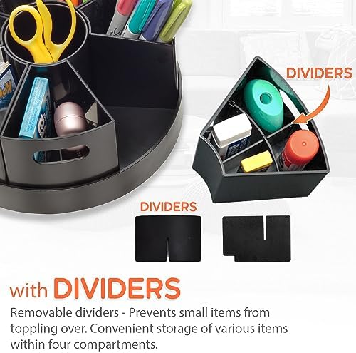 Black Rotating Desk Organizer with Dividers Lazy Susan Caddies for Home School Office Supplies, Pens, Markers and Art Supplies for Classroom - Image 3