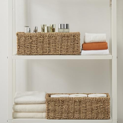 Vagusicc Wicker Storage Basket, Hand-Woven Seagrass Wicker Baskets with Handles, Toilet Paper Basket for Toilet Tank Top, Small Wicke Baskets for Organizing Shelves, 2-Pack, Seagrass - Image 6