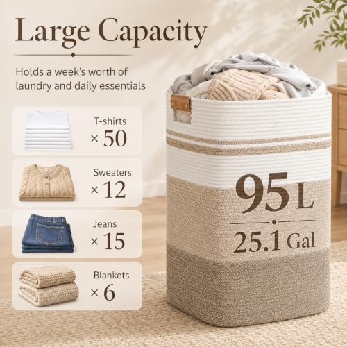 Laundry Hamper, Cotton Rope Laundry Basket with Leather Handles, 25.1-Gallon/95 L Large Clothes Hampers for Laundry, Woven Laundry Baskets for Blankets, Clothing, Bedroom, Living Room, Nursery - Image 3