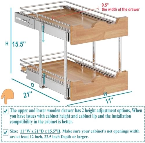 OCG Pull Out Cabinet Organizer 11" W x 21" D, 2 Tier Slide Out Shelf, Heavy-Duty Pull Out Drawer for Cabinets, Base Cabinet Organization for Kitchen, Pantry, Bathroom - Image 2