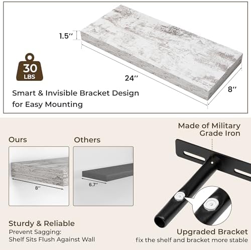 RICHFOCUS 24Inch Floating Shelves for Wall 2Pack|Rustic White|8" D - Image 4
