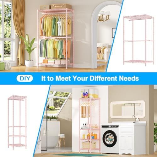 Ulif E10 Clothes Rack（With Stretchable Hanger Rod）Freestanding Clothing Racks for Hanging Clothes，Adjustable Closet Organizer System，Portable Garment Rack 73-97"W x 15" D x 72" H，Max Load 800LBS，Pink - Image 6