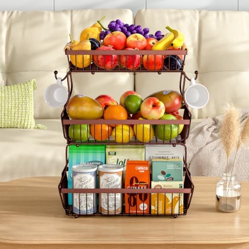 3 Tier Fruit Basket for Kitchen Counter with 2 Banana Hangers, Countertop Metal Fruit Bowl with Wooden Handle, Large Storage Stand for Vegetables, Snacks, Breads, Produce Storage – Brown - Image 6