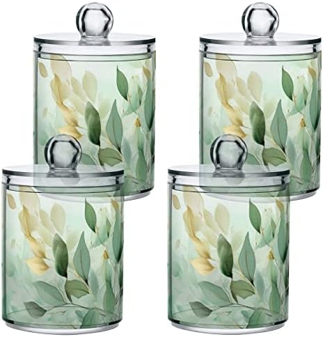 Vnurnrn Green Gold Leaves Clear Plastic Jar Set for Cotton Swab Cotton Ball Cotton Round Pads Floss, Bathroom Canisters Storage Organizer, Vanity Makeup Organizer 4 Pack - Image 2