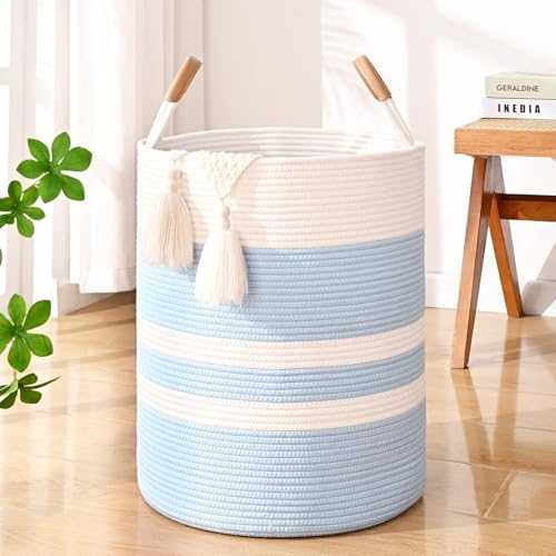 Large Laundry Basket, Laundry Hamper with Leather Handles, 90L Woven Dirty Clothes Hamper, Rope Hampers for Bedroom, Barthroom, Blue by Degeyoyo