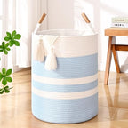 Large Laundry Basket, Laundry Hamper with Leather Handles, 60L Woven Dirty Clothes Hamper, Rope Hampers for Bedroom, Barthroom, Blue by Degeyoyo