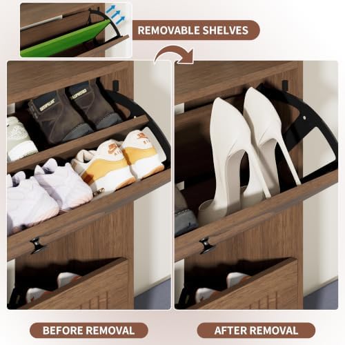 Shoe Cabinet with Bench, 4‑Flip Drawer Fluted Shoe Storage Cabinet with Removable Adjustable Shelves, Side Hooks & Anti‑Tip Device, Freestanding Entryway Shoe Organizer for Hallway, Walnut - Image 4