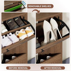 Shoe Cabinet with Bench, 4‑Flip Drawer Fluted Shoe Storage Cabinet with Removable Adjustable Shelves, Side Hooks & Anti‑Tip Device, Freestanding Entryway Shoe Organizer for Hallway, Walnut - Image 4