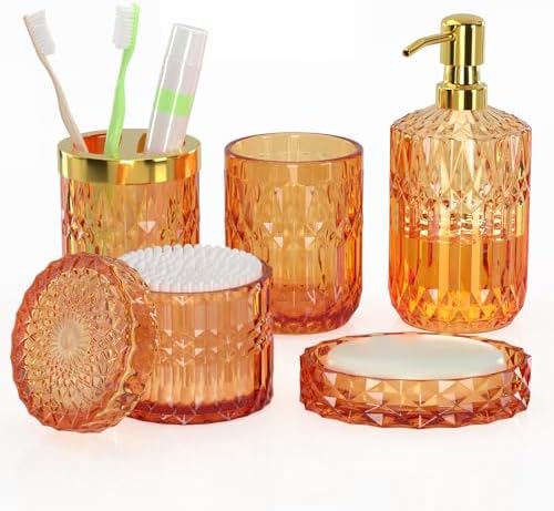 Orange Glass Bathroom Accessories Set 5 Pcs, Orange Bathroom Set, Soap Dispenser and Toothbrush Holder Set, Qtip Holder Set, Vintage Bathroom Sink Set, Cute Bathroom Decor by QIQU