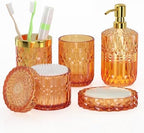 Orange Glass Bathroom Accessories Set 5 Pcs, Orange Bathroom Set, Soap Dispenser and Toothbrush Holder Set, Qtip Holder Set, Vintage Bathroom Sink Set, Cute Bathroom Decor by QIQU