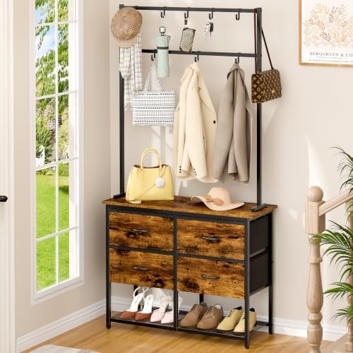 ThreeHio Hall Tree with Shoe Storage Bench, 31.5" Coat Rack for Entryway, 5-in-1 Entryway Organizer with Drawers and Storage Shelf, Steel Frame, with 8 Removable Hooks, Rustic Brown and Black by ThreeHio