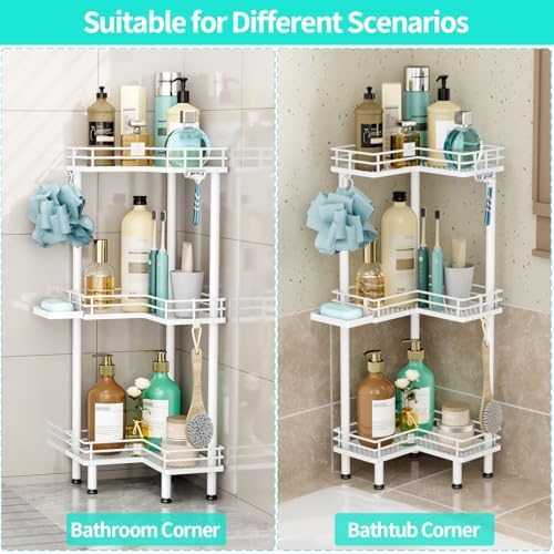 HapiRm Corner Shower Caddy Standing - 3 Tier Shower Organizer Corner with Soap Holder, Rustproof Bathroom Standing Organizer with 4 Hooks, White - Image 4