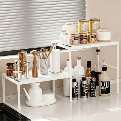 Kitchen Counter Oganizer Stackable Spice Rack for Countertop Kitchen Countertop Organizer Heavy Duty Kitchen Counter Shelf Metal Spicy Shelf for Countertop (2 Pack, White) by MAGHEO