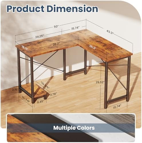 DUMOS 50-Inch Reversible L Shaped Desk with CPU Shelf, Brown - Image 3