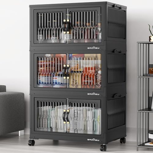 BROVIEW 240Qt Stackable Storage Bins with Lid, Extra Large Closet Organizer Collapsible Drawer Boxes with Wheels, Folding Plastic Cabinet Containers for Home Kitchen Room Organization, 3Pack Black by BROVIEW-EnjoytheArtofLife