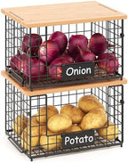 2-Pack Stackable Wire Baskets with 2 Pads & Bamboo Top, Pantry Organizer by keomaisyto