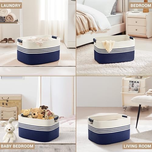 60L Woven Laundry Basket Hamper with Leather Handles,Navy - Image 4