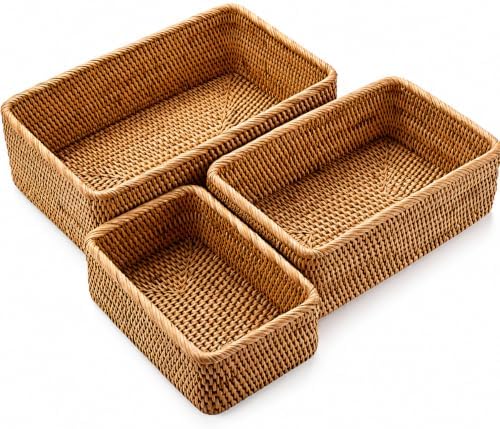 Yangqihome Natural Rattan Storage Baskets, Rectangular Woven Fruit Baskets, Decorative Wicker Basket and Small Baskets for Organizing (Set of 3) by YANGQIHOME