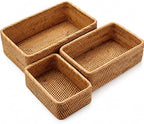 Yangqihome Natural Rattan Storage Baskets, Rectangular Woven Fruit Baskets, Decorative Wicker Basket and Small Baskets for Organizing (Set of 3) by YANGQIHOME