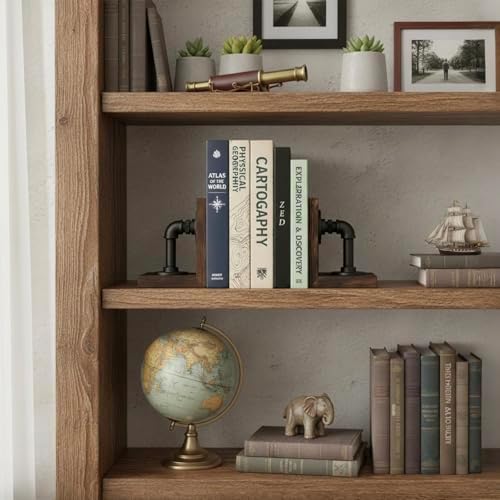MyGift Burnt Wood Bookends with Metal Industrial Pipe Design, 2 Piece Set - Image 2