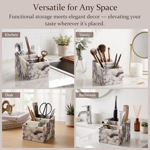 SAMAH Natural Marble Toothbrush Holder, 3-Compartments Marble Pen Holder & Makeup Brush Holder, Multifunctional Desk & Bathroom Counter Organizer for Office Supplies, Remote Holder, Toothbrush - Image 6